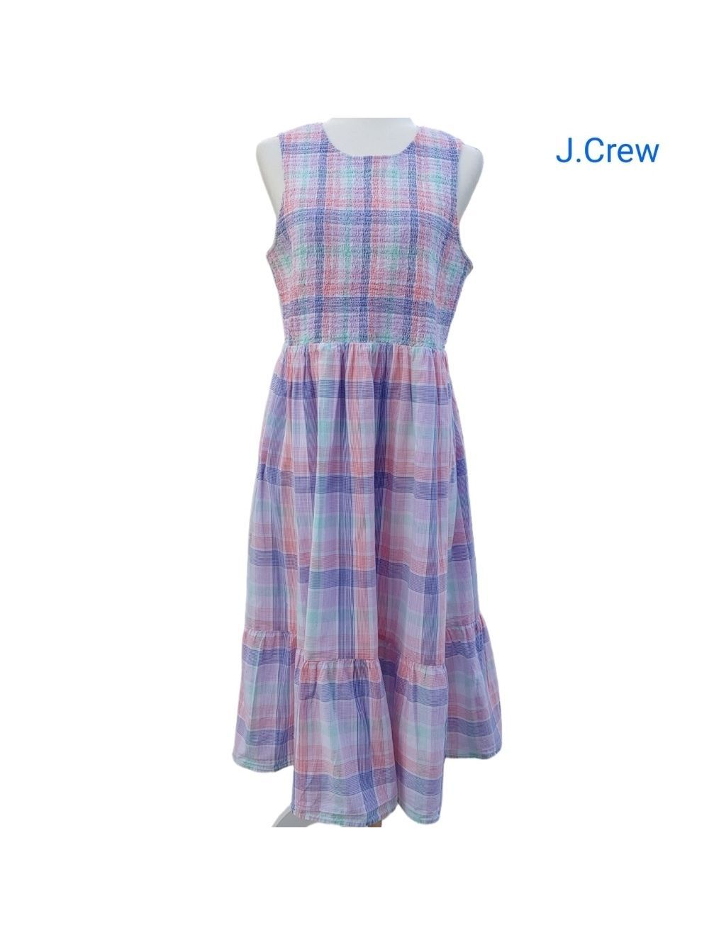 J.Crew Women's Smocked Tiered Cotton Plaid Dress in Pastels Multi size Large - Picture 6 of 17